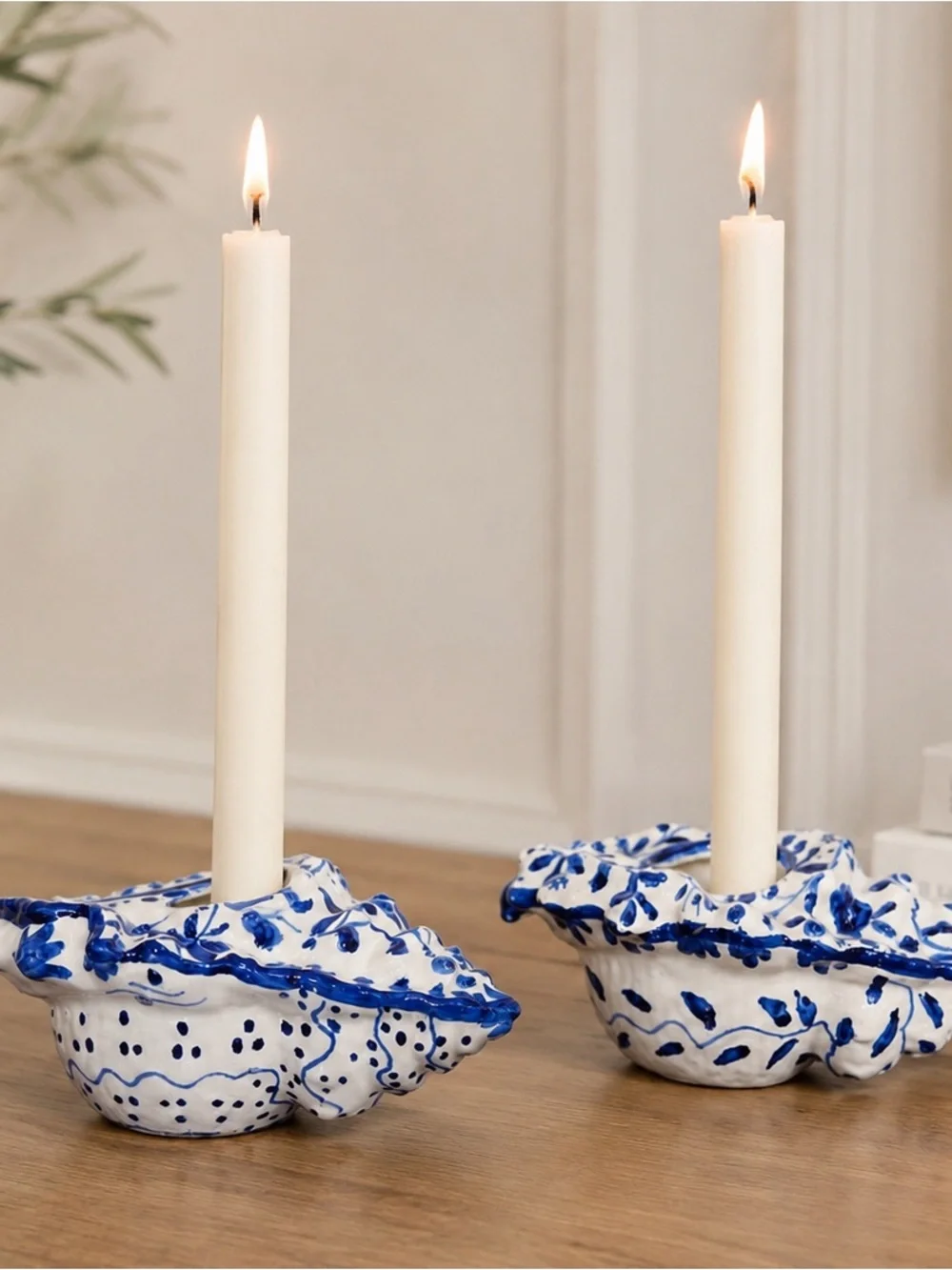 Hand-Painted Blue & White Ceramic Shell Candle Holder - Brand Unlabeled